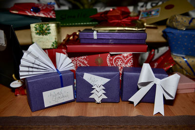 Close-up of various box on table