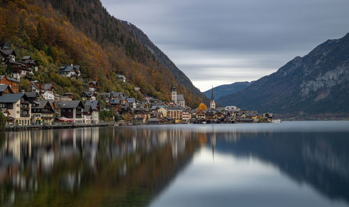 Scenic view of lake by town against sky