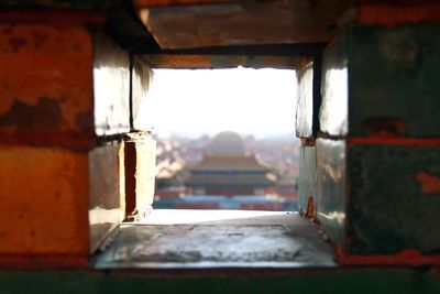 Close-up of window of abandoned building