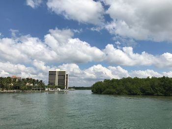 Scenic view of lake by buildings against sky