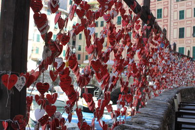 Low angle view of love padlocks hanging on building