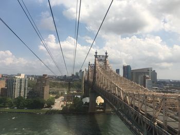 Bridge over river by buildings in city against sky