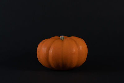 Close-up of pumpkin against black background. isolated, concept for clock change and harvest time.