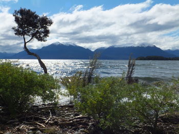 Scenic view of lake against cloudy sky