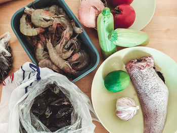 High angle view of fish on table