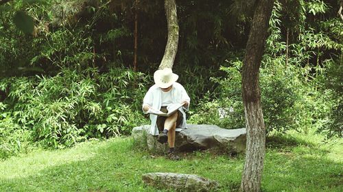 Rear view of man standing by tree in forest