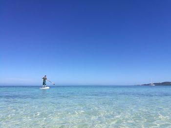 Scenic view of sea against clear blue sky