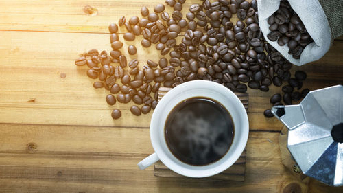 High angle view of coffee cup on table