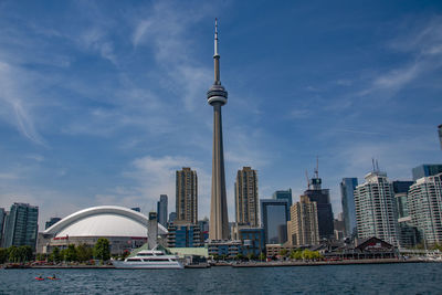 Low angle view of buildings in city against sky