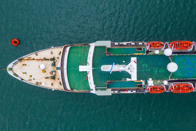 High angle view of ship moored on sea shore