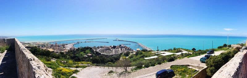 High angle view of beach against clear blue sky