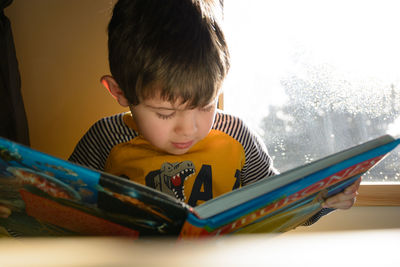 Young boy reading a book at home