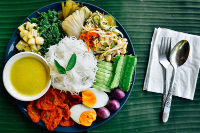 High angle view of food in plate on table