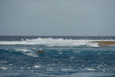 Man surfing in sea against clear sky