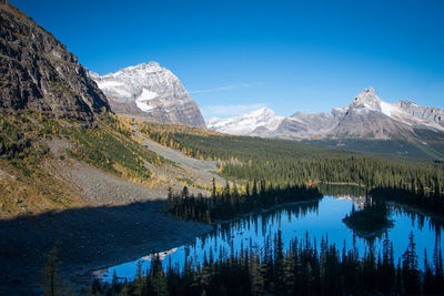 Scenic view of lake and mountains against blue sky