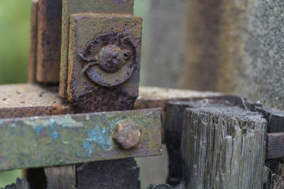 Close-up of old rusty metal fence
