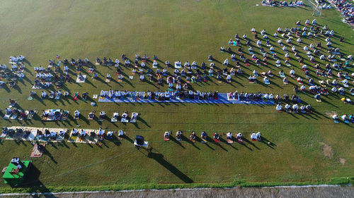 High angle view of people in row