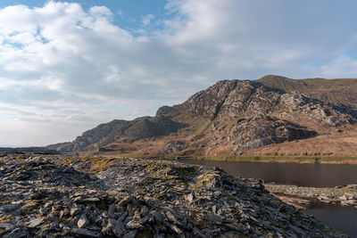 Scenic view of lake by mountains against sky