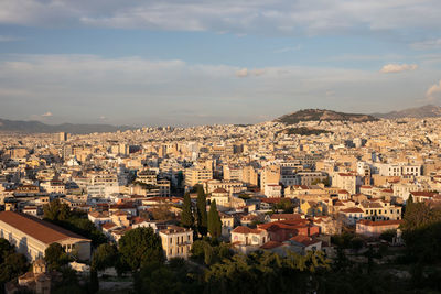 High angle shot of townscape against sky