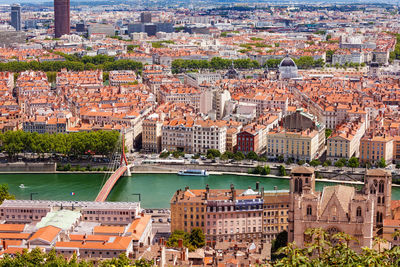 High angle view of buildings in city