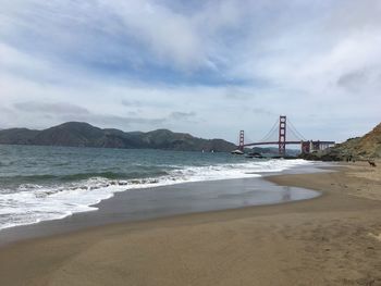 View of suspension bridge over sea