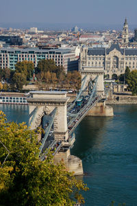 Bridge over river with city in background