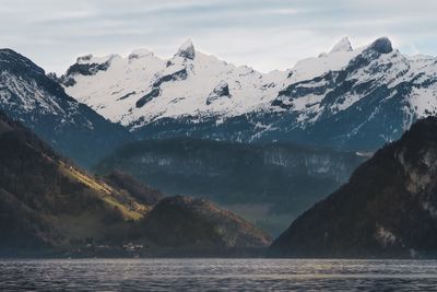 Scenic view of lake by snowcapped mountains against sky