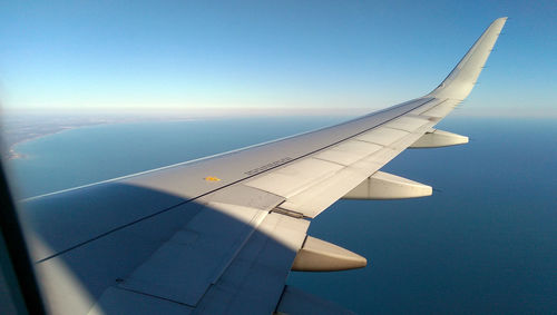 Close-up of airplane wing against clear blue sky