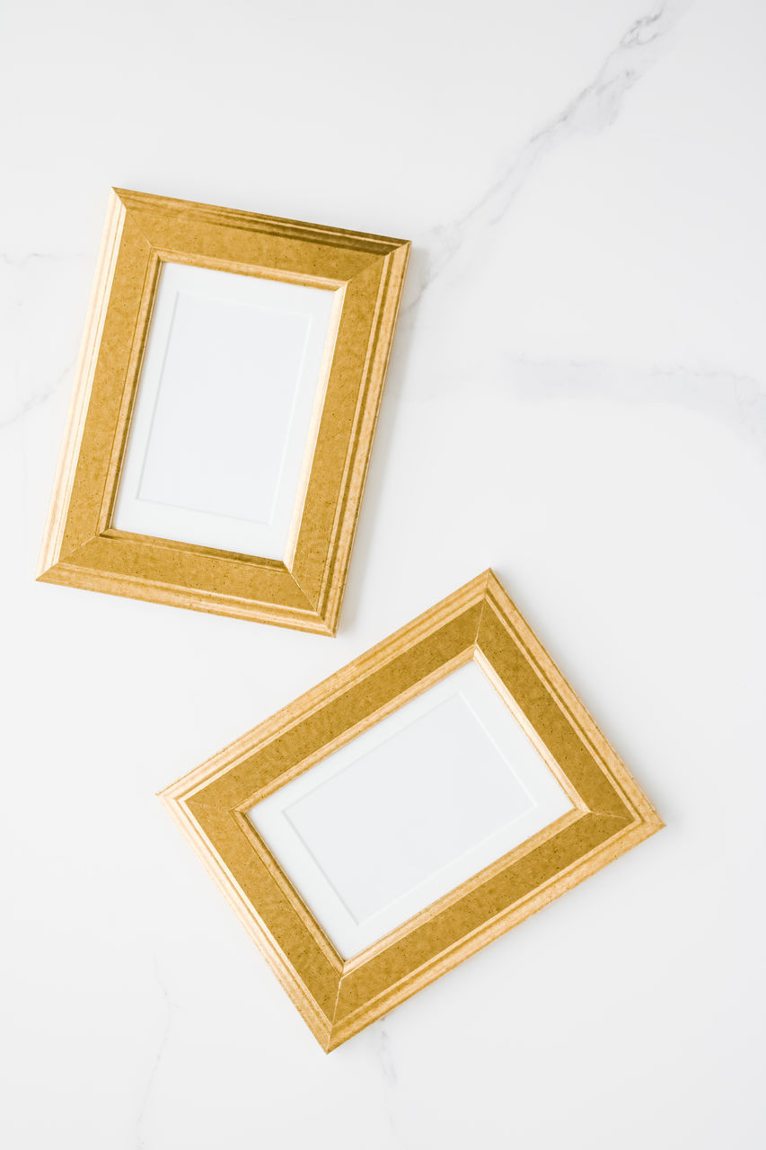 picture frame, frame, yellow, white background, indoors, copy space, no people, studio shot, gold, rectangle, shape, pattern, wall - building feature, cut out, creativity, wood, white, painting