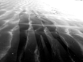 High angle view of wet sand on beach against sky