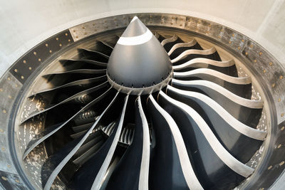 Low angle view of airplane jet engine
