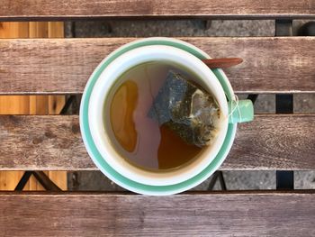 High angle view of coffee cup on table