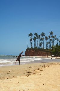 Man doing handstand on beach against sky