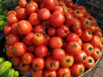 High angle view of tomatoes for sale at market stall