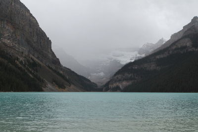 Scenic view of lake and mountains against sky