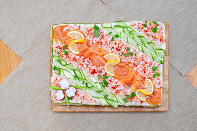High angle view of food on cutting board