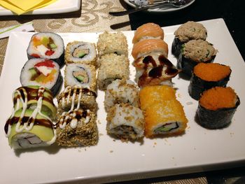 High angle view of food in plate on table