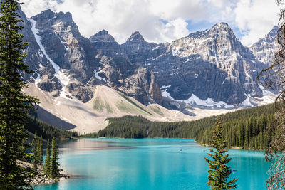 Scenic view of moraine lake in the valley of the ten peaks with snowcapped mountains