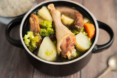 High angle view of salad in bowl on table
