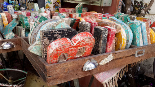 Close-up of multi colored alphabets for sale at market stall