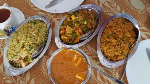 High angle view of food served on table