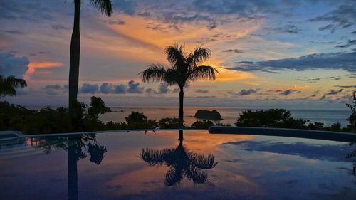 Silhouette trees by swimming pool against sky during sunset