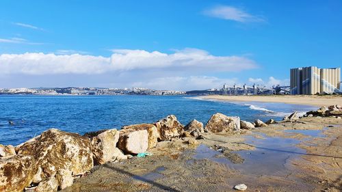 Panoramic view of lisbon, sea and buildingsbuildings from south cost, trafaria