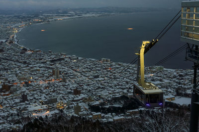 Aerial view of cityscape by sea against sky