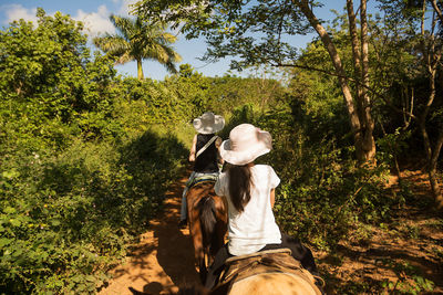 Rear view of friends riding horse