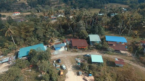 High angle view of buildings and trees in city