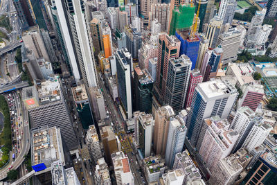 High angle view of modern buildings in city