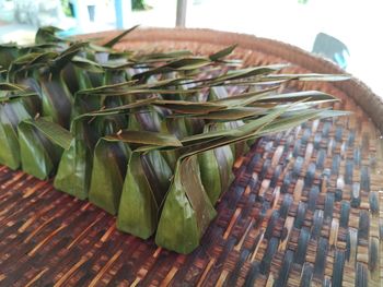 High angle view of leaves on table