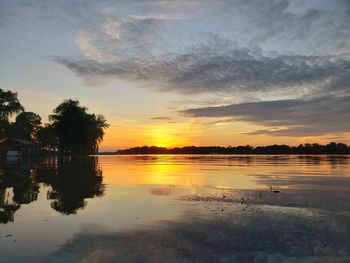Scenic view of lake against sky during sunset