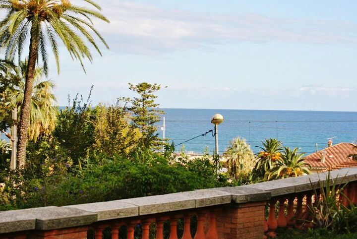 sea, palm tree, horizon over water, sky, water, beach, tree, tranquility, nature, built structure, tranquil scene, beauty in nature, scenics, cloud - sky, shore, cloud, railing, tourist resort, growth, plant